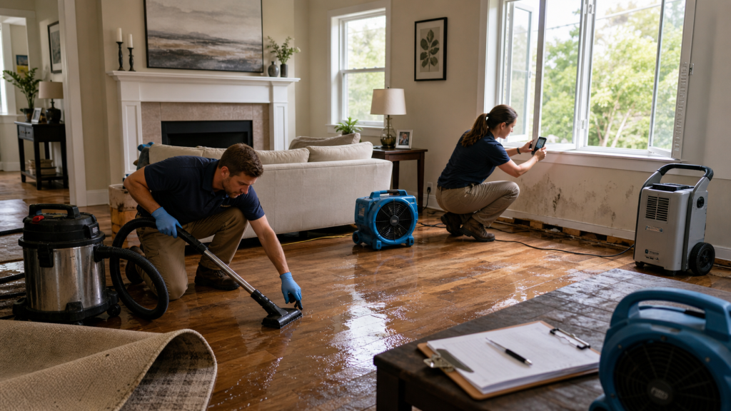 Living room flood cleanup in progress